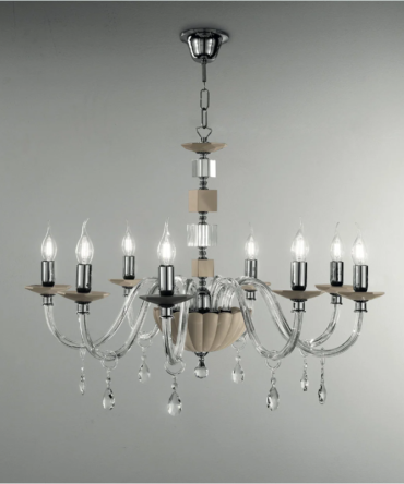 Lampadario 8 Luci In Vetro E Cristallo Livia tortora o bianco Ondaluce Ciciriello
