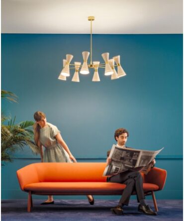 Grande Lampadario 16 Luci Doppia Emissione Megafono Avorio Oro Stilnovo 9567