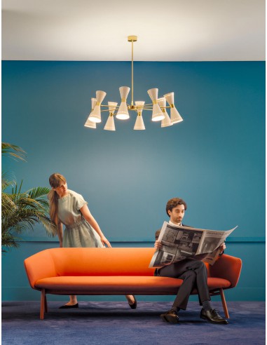 Grande Lampadario 16 Luci Doppia Emissione Megafono Avorio Oro Stilnovo 9567