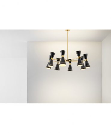 Grande Lampadario 16 Luci Doppia Emissione Megafono Nero Oro Stilnovo 9566