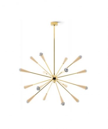 Grande Lampadario 16 Luci Sputnik Avorio Oro Stilnovo 9591