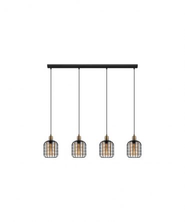 Lampadario Vintage 4 Luci Cilindri Vetro Ambra E Gabbia Metallica Chisle Eglo