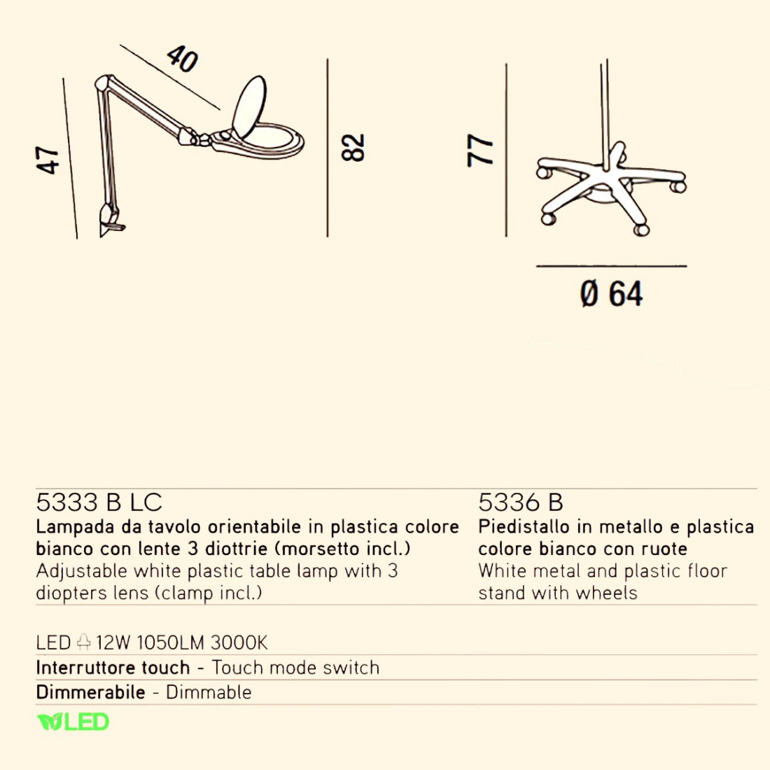 Piantana Lampada da terra CLOSE con rotelle e lente di ingrandimento 3 diottrie