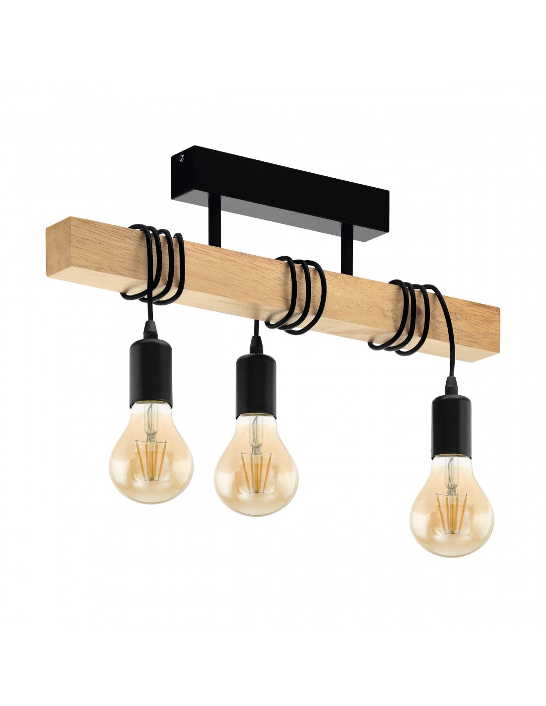 Plafoniera Townshend 3 Luci Nero E Legno Naturale L55 cm Eglo