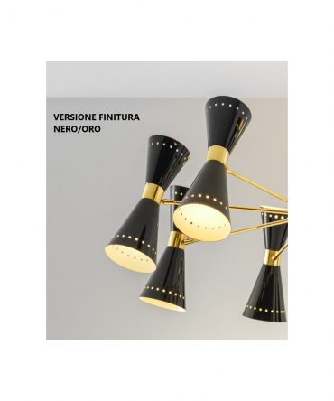 Sospensione 6 Luci Doppia Emissione Megafono Nero Oro Stilnovo 9576