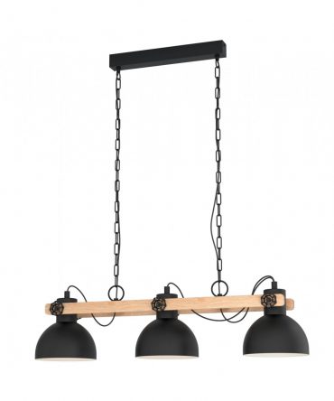 Sospensione Lubenham Industrial 3xE27 Nero E Legno Naturale L90 cm Eglo