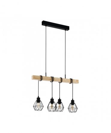 Sospensione Townshend 4 Luci Gabbia Nero E Legno Naturale L70 cm Eglo