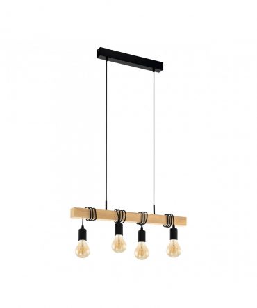 Sospensione Townshend 4 Luci Nero E Legno Naturale L70 cm Eglo