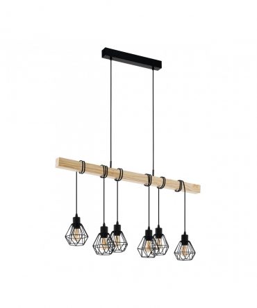 Sospensione Townshend 6 Luci Gabbia Nero E Legno Naturale L100 cm Eglo