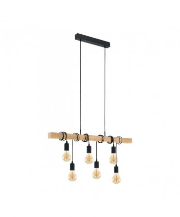 Sospensione Townshend 6 Luci Nero E Legno Naturale L100 cm Eglo