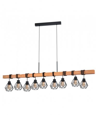 Sospensione Townshend 9 Luci Gabbia Nero E Legno Naturale L150 cm Eglo