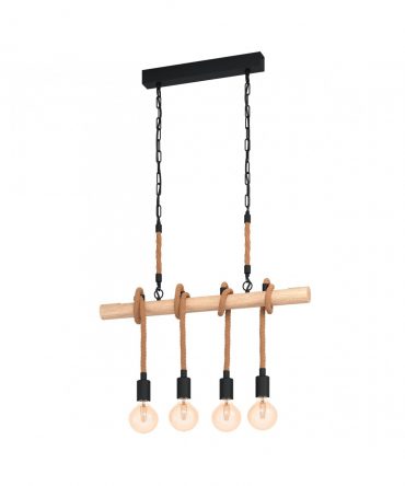 Sospensione Youngstown 4 Luci Nero Legno Naturale E Corda L70 cm Eglo
