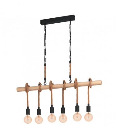 Sospensione Youngstown 6 Luci Nero Legno Naturale E Corda L100 cm Eglo