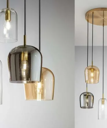 PERENZ CORO Sospensione  a 5 luci in vetro trasparente, ambra e fumè, metallo ottone brunito e cavo in tessuto nero diam. 52