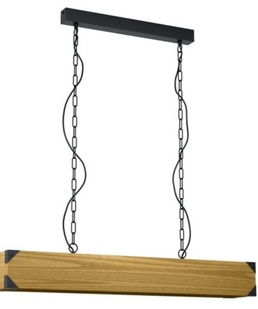 EGLO Sospensione HARBOROUGH con struttura  in acciaio finitura nero e  legno marrone,   H. 110  e L. 90 cm
