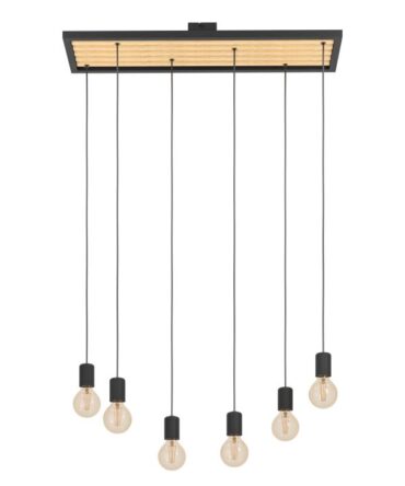 EGLO Sospensione CONSETT con struttura  in acciaio nero e  legno marrone,   H. 110 e L. 78 cm