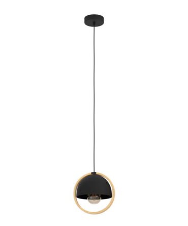 EGLO Sospensione CALLOW con struttura  in metallo nero e  legno marrone,   H. 110 e D. 23 cm
