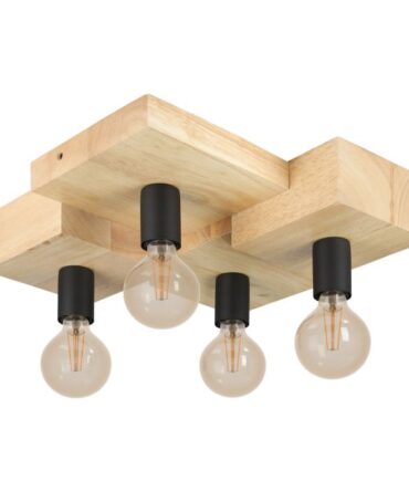 EGLO Plafoniera HALKIN con struttura  in acciaio nero e  legno marrone,   H. 43 e L. 40 cm