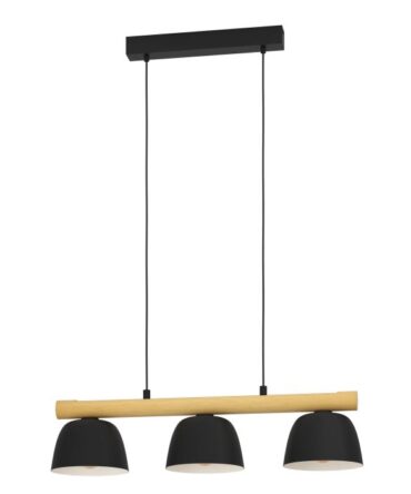 EGLO Sospensione SHERBURN con struttura  in metallo nero e  legno marrone,   H. 110 e L. 77 cm