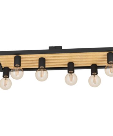 EGLO Plafoniera CONSETT con struttura  in acciaio nero e  legno marrone,   b. 25 e L. 78 cm