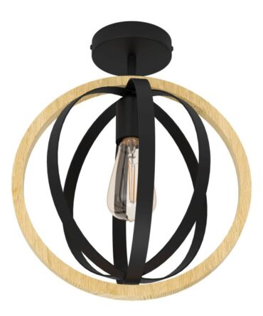 EGLO Plafoniera BASILDON con struttura  in acciaio nero e  legno marrone,   D. 32 e H. 37,5 cm