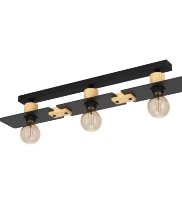 EGLO Plafoniera BRAMERTON con struttura  in metallo nero e  legno marrone,   H. 10  e L. 81 cm