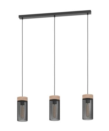 EGLO Sospensione KILNSDALE con struttura  in metallo nero e  legno marrone,   H. 110 e L. 81 cm