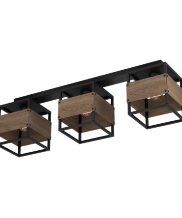 EGLO Plafoniera EVESHAM con struttura  in metallo nero e  legno marrone,   H. 25  e L. 87,5 cm
