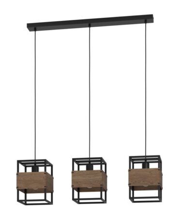 EGLO Sospensione EVESHAM con struttura  in acciaio finitura nero e  legno marrone,   H. 110  e L. 89,5 cm