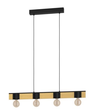 EGLO Sospensione BAILRIGG con struttura  in metallo nero e  legno marrone,   H. 110 e L. 89,5 cm