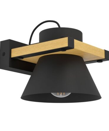 EGLO Lampada a parete MACCLES con struttura  in metallo e  legno, finitura nera marrone  H. 15 cm